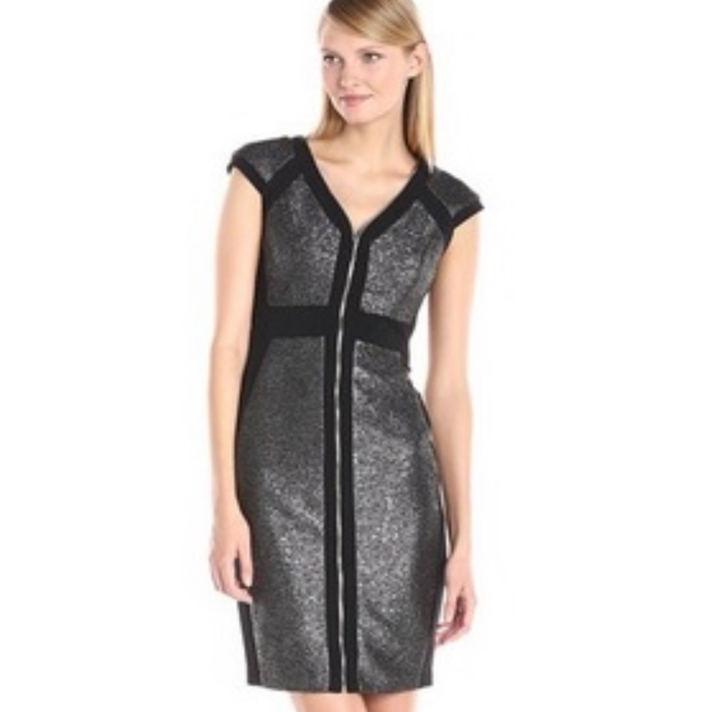 JAX BLACK & SILVER METALLIC V NECK EXPOSED ZIPPER KNEE LENGTH SHEATH DRESS SZ 2